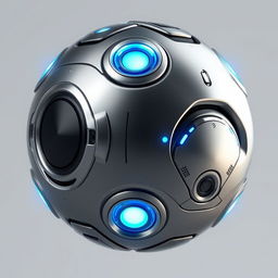 A futuristic robot shaped like a sphere, with sleek metallic surfaces and glowing blue lights