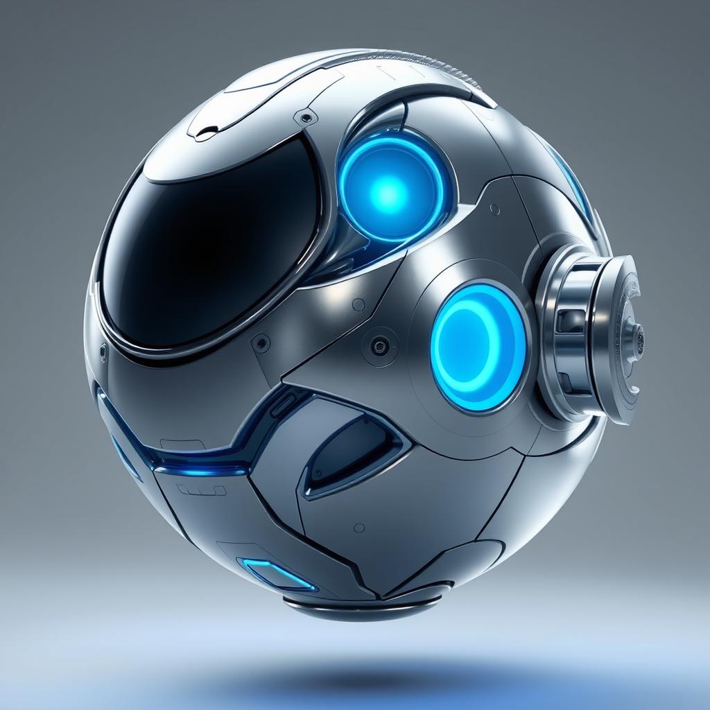 A futuristic robot shaped like a sphere, with sleek metallic surfaces and glowing blue lights