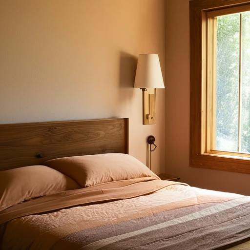 A cozy and tastefully decorated bedroom with warm lighting, a plush bed with pastel-colored linens, a wooden nightstand with a reading lamp, and a window providing natural light