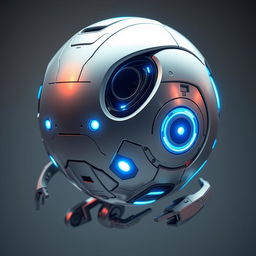 A futuristic robot shaped like a sphere, with sleek metallic surfaces and glowing blue lights