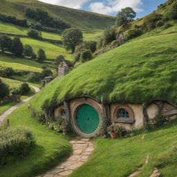 A small, charming hobbit peacefully savoring life amidst the rolling green hills and quaint houses of the Shire.