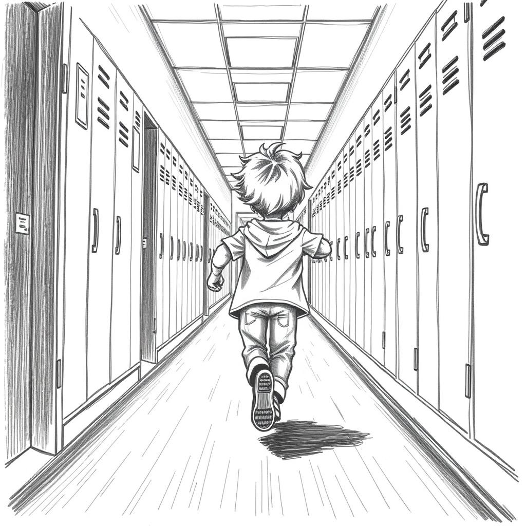 A pencil drawing of a child running down a school hallway, seen from behind