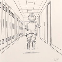 A pencil drawing of a child running down a school hallway, seen from behind