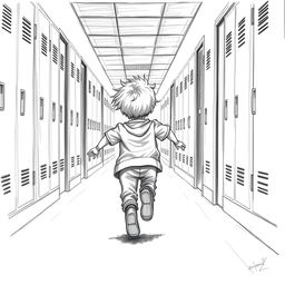 A pencil drawing of a child running down a school hallway, seen from behind