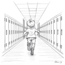 A pencil drawing of a child running down a school hallway, seen from behind