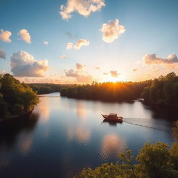 A beautiful landscape featuring a serene lake surrounded by lush green trees and a clear blue sky with fluffy white clouds