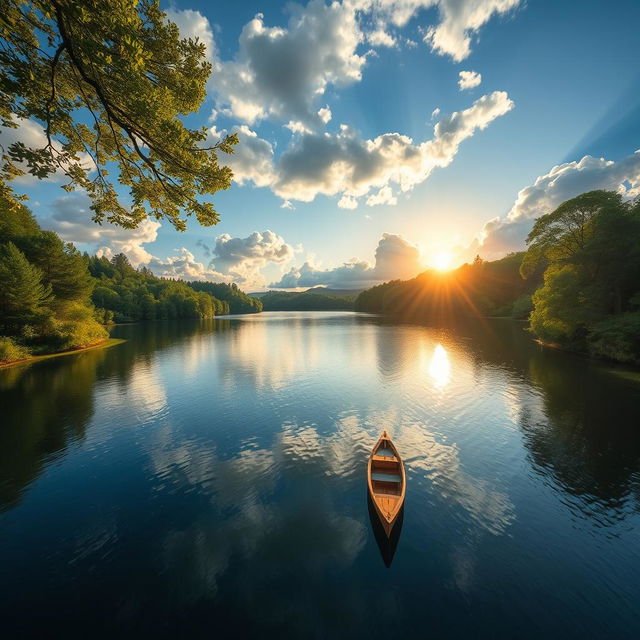 A beautiful landscape featuring a serene lake surrounded by lush green trees and a clear blue sky with fluffy white clouds