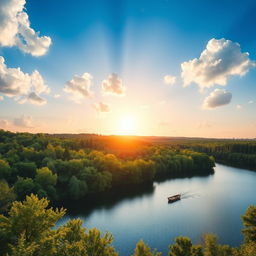 A beautiful landscape featuring a serene lake surrounded by lush green trees and a clear blue sky with fluffy white clouds