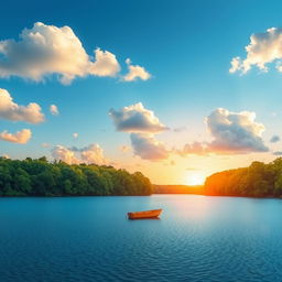 A beautiful landscape featuring a serene lake surrounded by lush green trees and a clear blue sky with fluffy white clouds