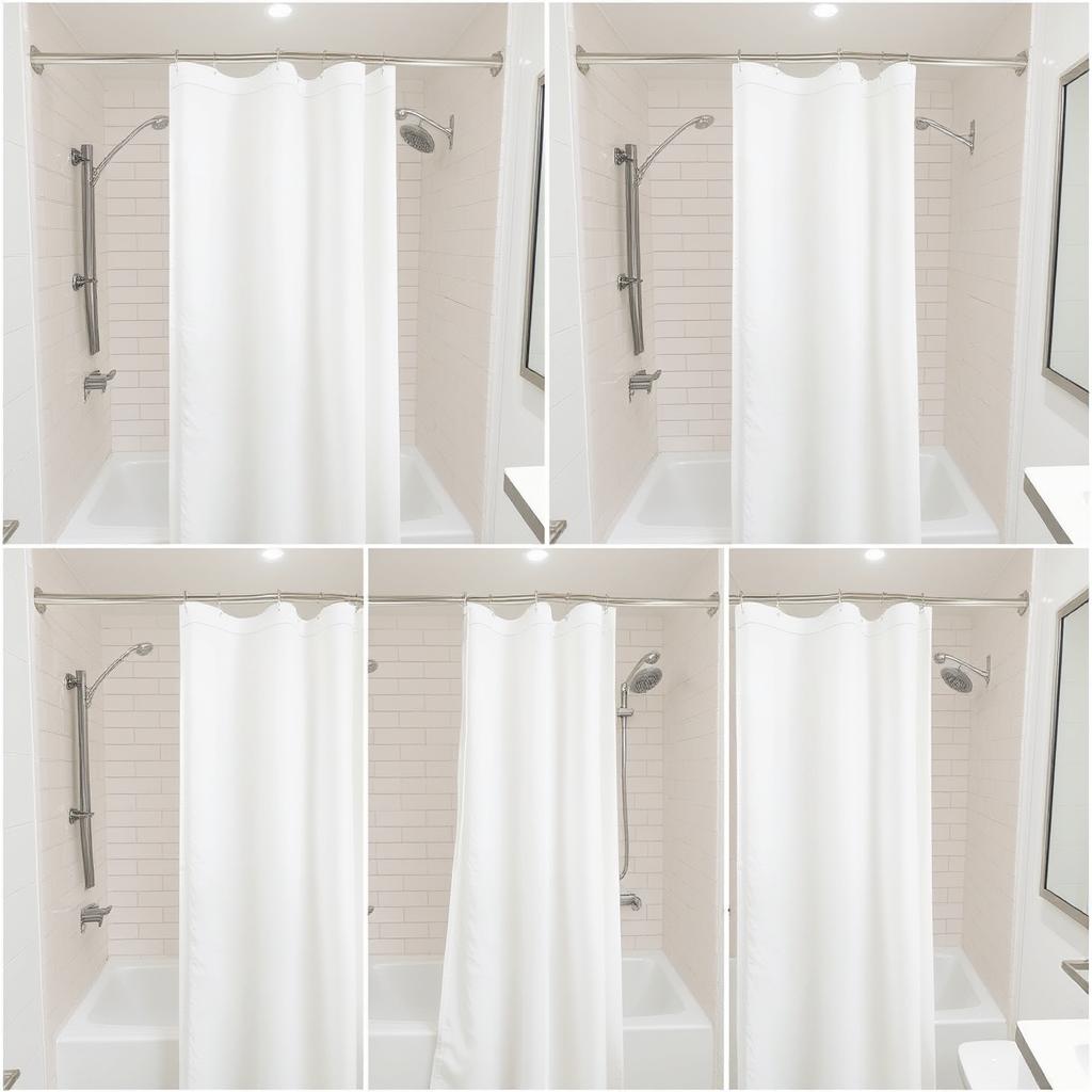 Multiple images of a white shower curtain in a hotel bathroom