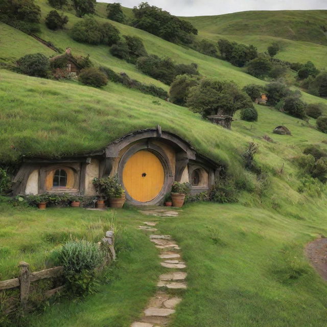 A small, charming hobbit peacefully savoring life amidst the rolling green hills and quaint houses of the Shire.