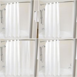 Multiple images of a white shower curtain in a hotel bathroom