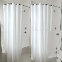 Multiple images of a white shower curtain in a hotel bathroom