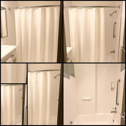 Multiple images of a white shower curtain in a hotel bathroom