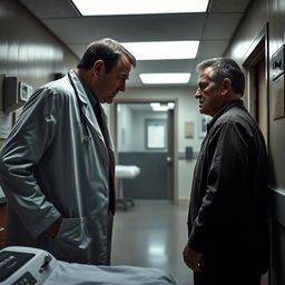 A menacing scene where a doctor, who was once a troubled student, confronts his former teacher in a hospital