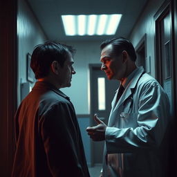 A menacing scene where a doctor, who was once a troubled student, confronts his former teacher in a hospital