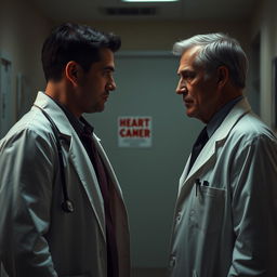 A menacing scene where a doctor, who was once a troubled student, confronts his former teacher in a hospital