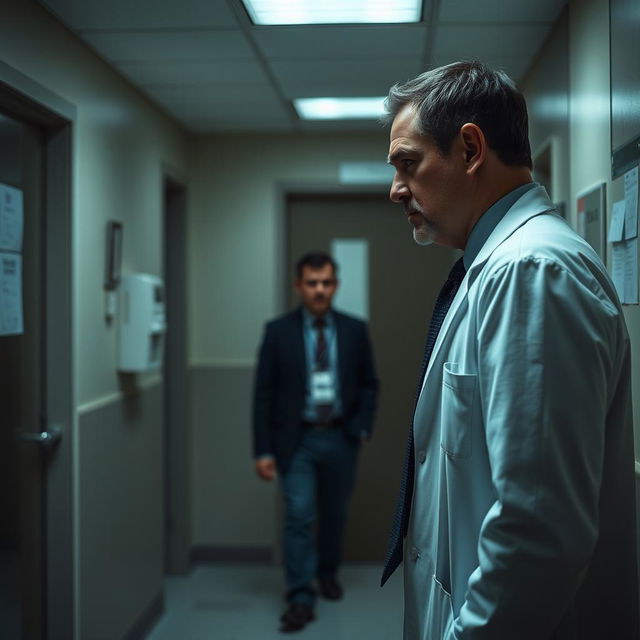 A menacing scene where a doctor, who was once a troubled student, confronts his former teacher in a hospital