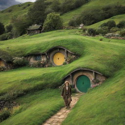 A small, charming hobbit peacefully savoring life amidst the rolling green hills and quaint houses of the Shire.