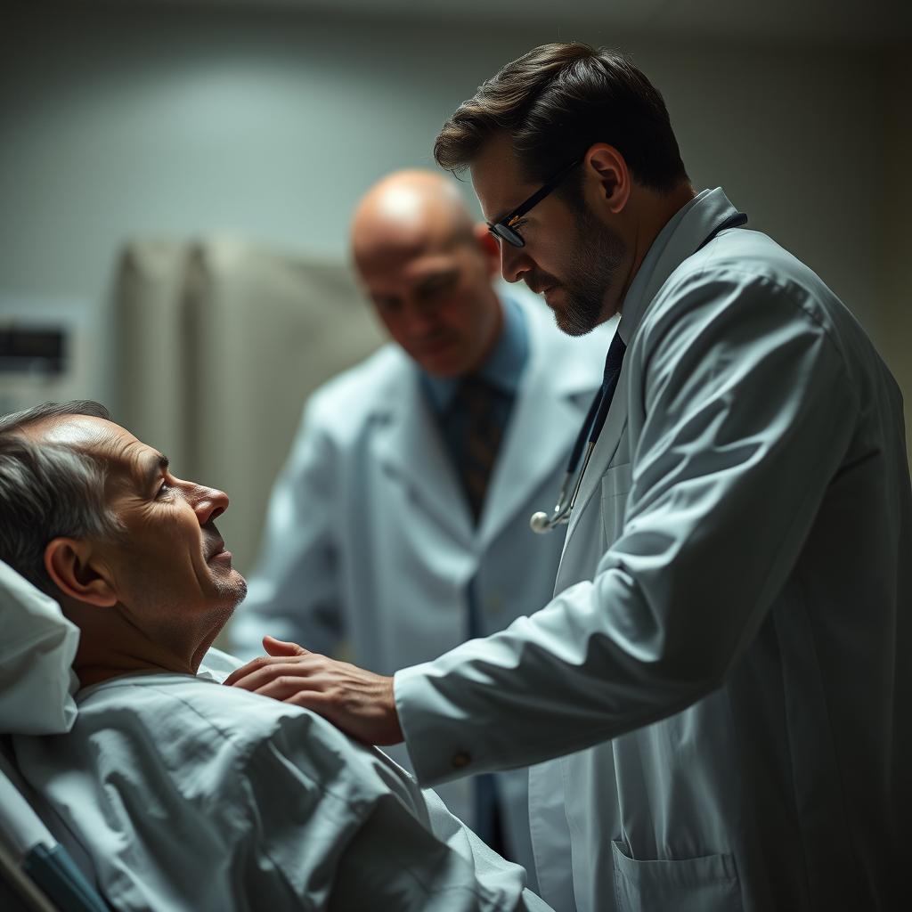 A dramatic scene where a heart specialist doctor, who was once a troubled student, confronts his former teacher in a hospital room