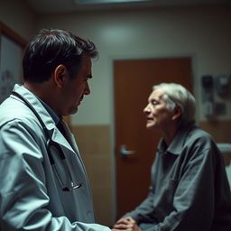 A dramatic scene where a heart specialist doctor, who was once a troubled student, confronts his former teacher in a hospital room