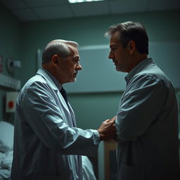 A dramatic scene where a heart specialist doctor, who was once a troubled student, confronts his former teacher in a hospital room