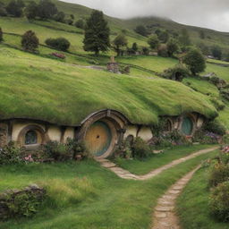 A small, charming hobbit peacefully savoring life amidst the rolling green hills and quaint houses of the Shire.