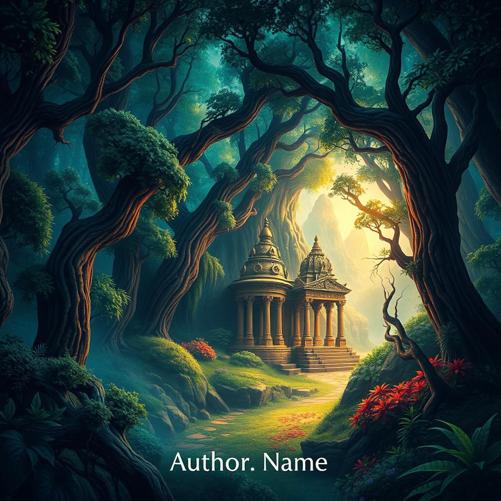 Create a captivating book cover featuring a mystical forest with a hidden ancient temple