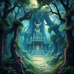 Create a captivating book cover featuring a mystical forest with a hidden ancient temple