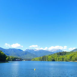 A serene landscape featuring a calm lake surrounded by lush green trees and mountains in the background under a clear blue sky with a few fluffy white clouds