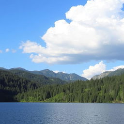 A serene landscape featuring a calm lake surrounded by lush green trees and mountains in the background under a clear blue sky with a few fluffy white clouds