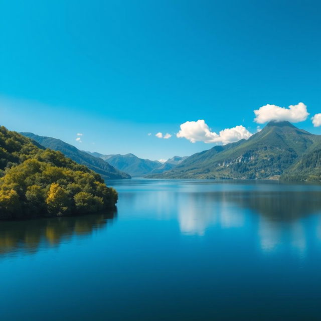 A serene landscape featuring a calm lake surrounded by lush green trees and mountains in the background under a clear blue sky with a few fluffy white clouds