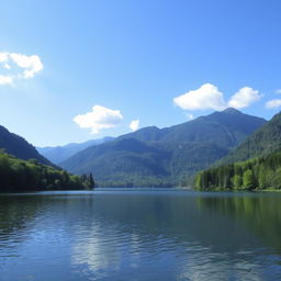 A serene landscape featuring a calm lake surrounded by lush green trees and mountains in the background under a clear blue sky with a few fluffy white clouds