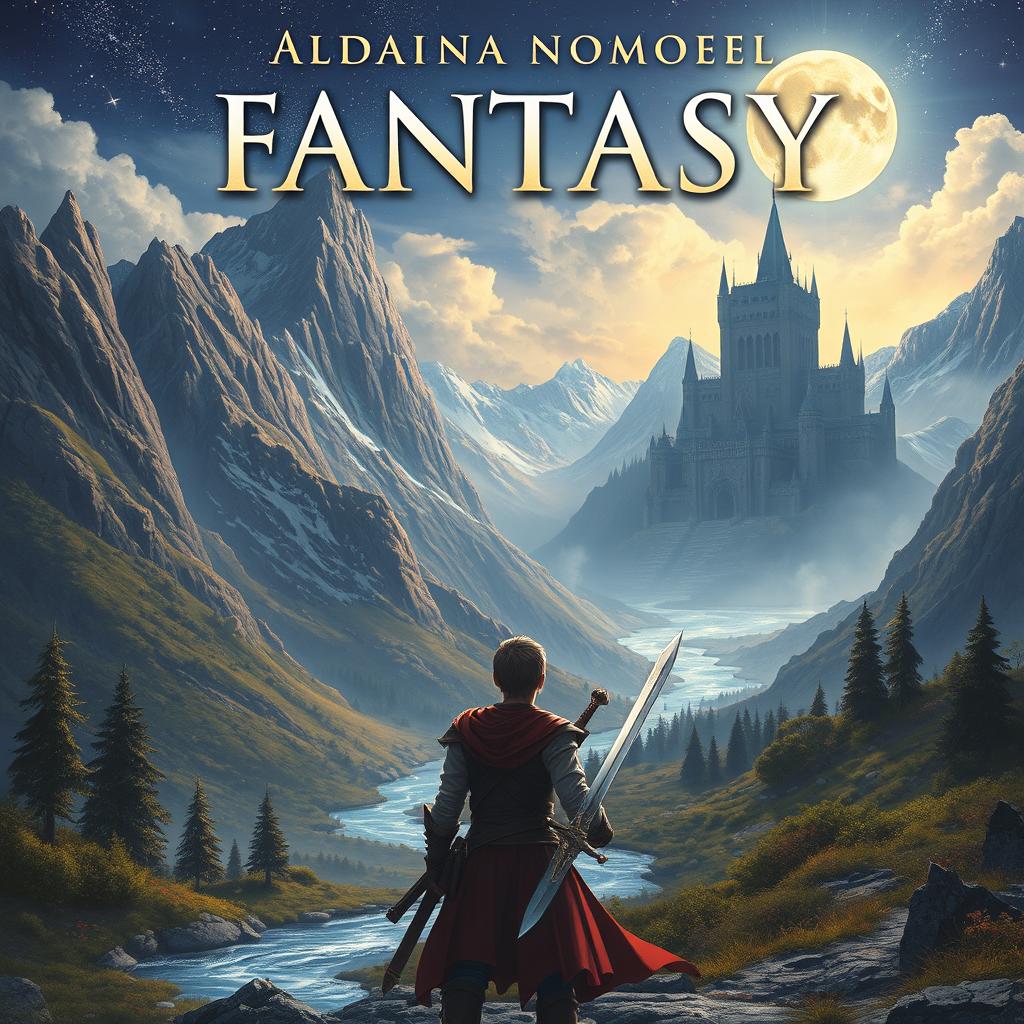 A captivating fantasy novel cover featuring a mystical landscape with towering mountains, a shimmering river, and an ancient castle in the background