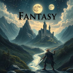 A captivating fantasy novel cover featuring a mystical landscape with towering mountains, a shimmering river, and an ancient castle in the background