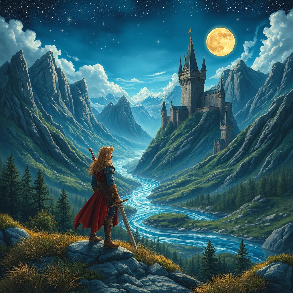 A captivating fantasy novel cover featuring a mystical landscape with towering mountains, a shimmering river, and an ancient castle in the background