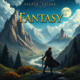 A captivating fantasy novel cover featuring a mystical landscape with towering mountains, a shimmering river, and an ancient castle in the background