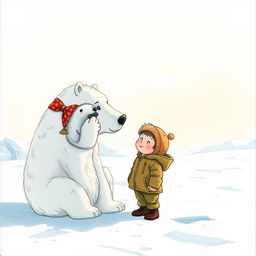 Un niño feliz hablando con un oso polar en el Polo Norte