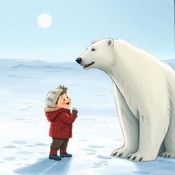 Un niño feliz hablando con un oso polar en el Polo Norte