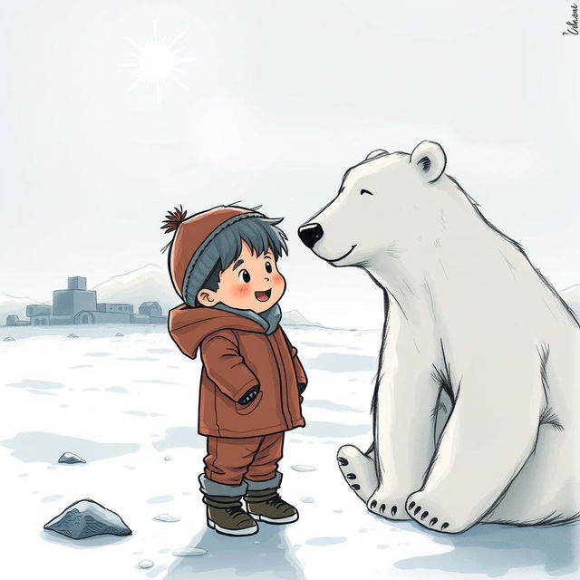 Un niño feliz hablando con un oso polar en el Polo Norte