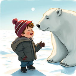 Un niño feliz hablando con un oso polar en el Polo Norte