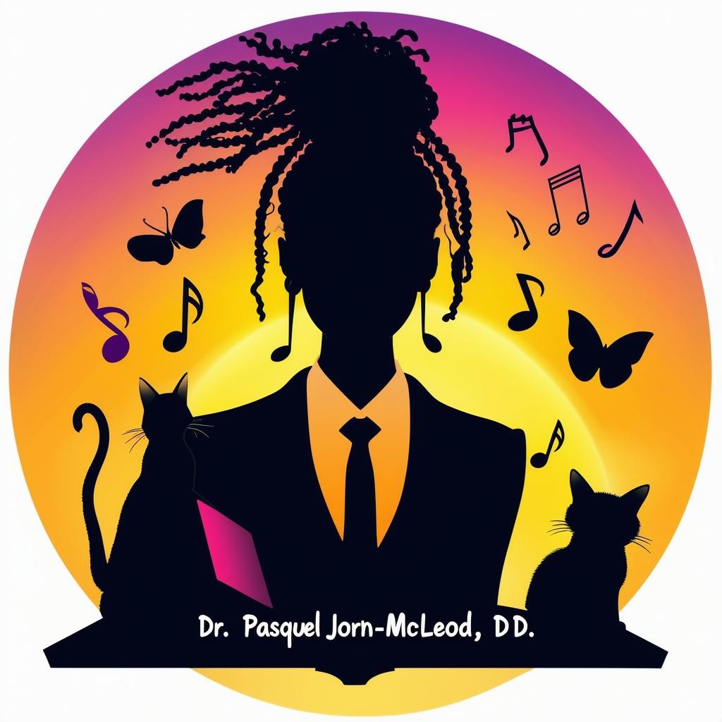 Create a book logo featuring a silhouette of a lady with short dreadlocks in a suit, surrounded by music notes, butterflies, two cats, and a book