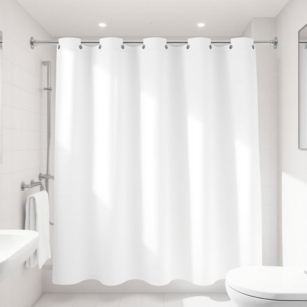 A vector image of a white shower curtain in a hotel bathroom