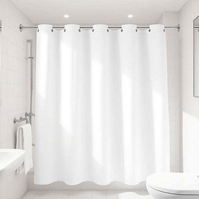 A vector image of a white shower curtain in a hotel bathroom