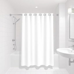 A vector image of a white shower curtain in a hotel bathroom