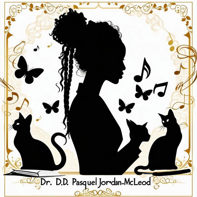 Create a book logo featuring a silhouette of a lady with short dreadlocks in a suit, surrounded by music notes, butterflies, two cats, and a book