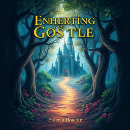 Create a book cover featuring an enchanting forest with a mysterious pathway leading to a hidden castle