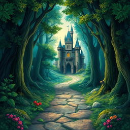 Create a book cover featuring an enchanting forest with a mysterious pathway leading to a hidden castle