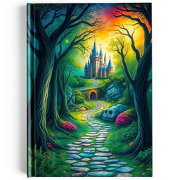 Create a book cover featuring an enchanting forest with a mysterious pathway leading to a hidden castle