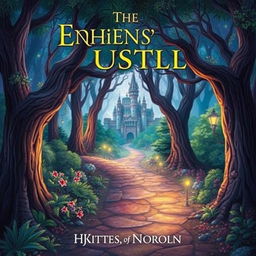 Create a book cover featuring an enchanting forest with a mysterious pathway leading to a hidden castle